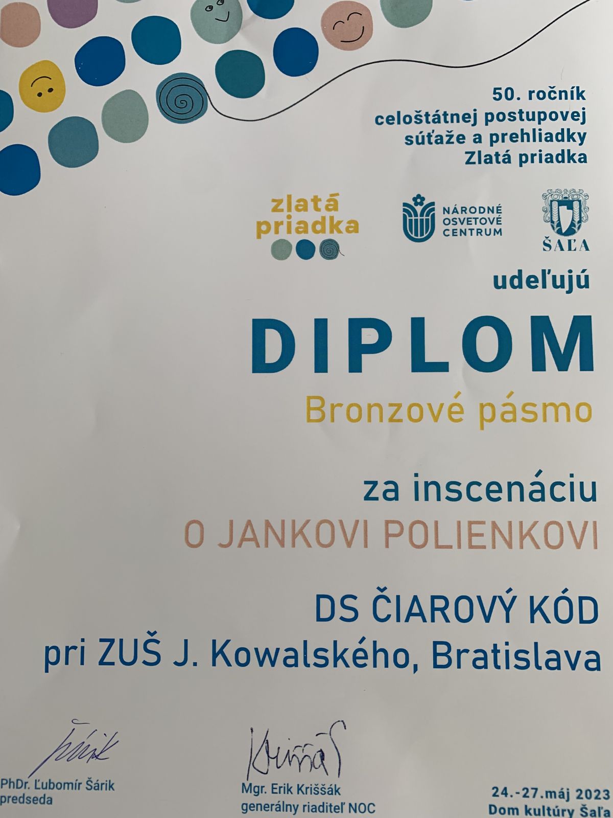 BRONZOVÉ PÁSMO na súťaži Zlatá priadka